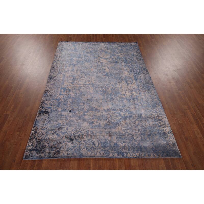 All-Over Blue Abstract Indian Area Rug Handmade Wool Carpet - 6'7"x 9'8"