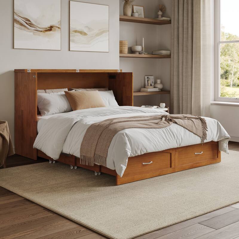 Marion Queen Murphy Bed Chest with 6" Mattress, Storage Drawer & Built-In Charger