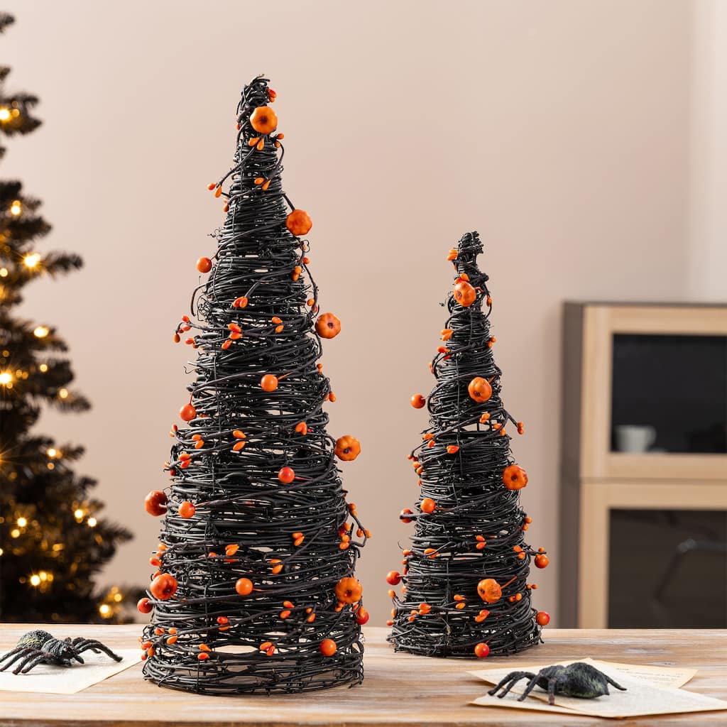 Glitzhome Set of 2 Halloween Eucalyptus With Bats Pumpkin Cone Tree
