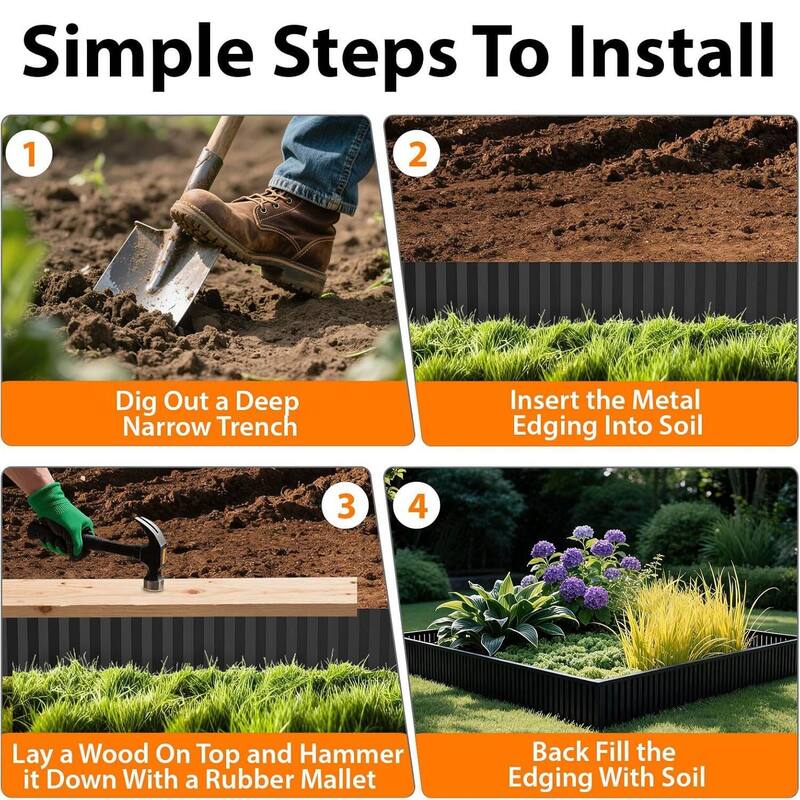 4 Pack Corrugated Galvanized Steel Metal Landscape Edging for Flower Beds, Lawn, Driveway, Walkways