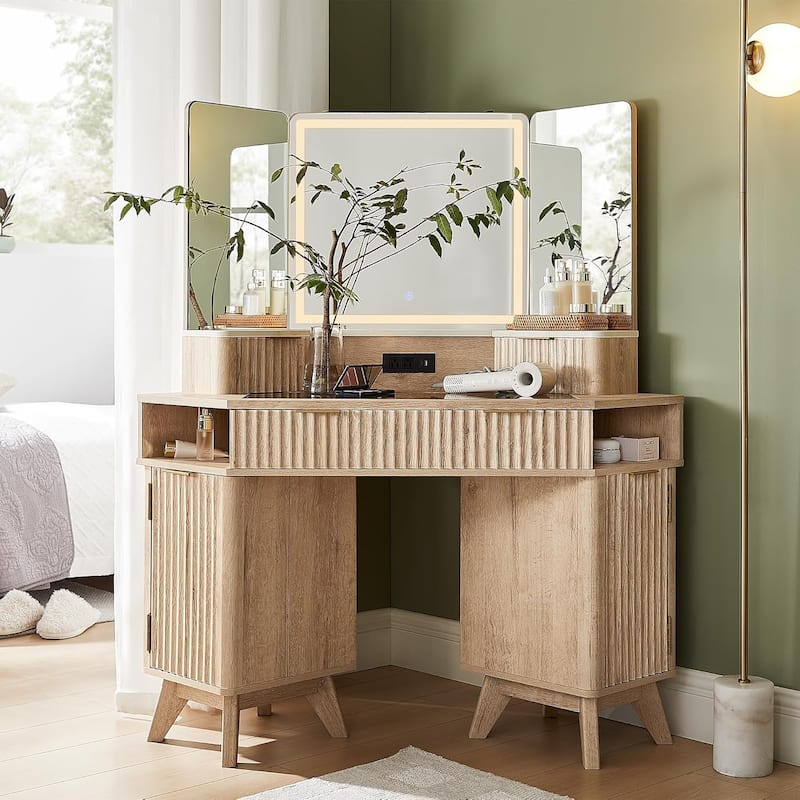 Modern Fluted Makeup Vanity Desk with 3 Way Mirror&Light, Vanity Table - Natural Oak