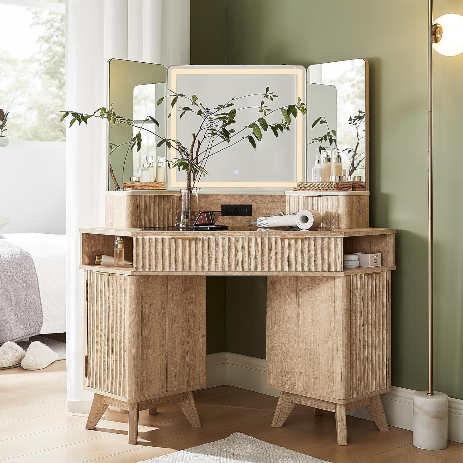 Modern Fluted Makeup Vanity Desk with 3 Way Mirror&Light, Vanity Table