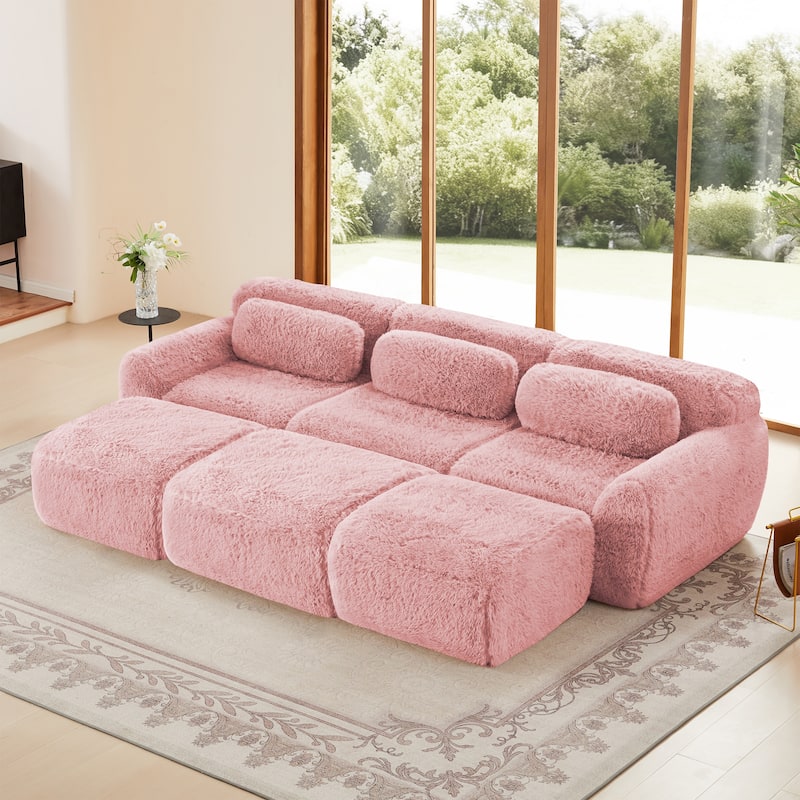 3-Seater Soft Plush Fabric,Movable Ottoman Free Combination,Bottom Anti-Slip Design - Pink
