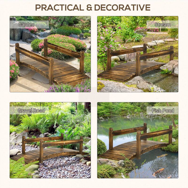 Outsunny 7.5' Wooden Garden Bridge with Planters, Stained Finish Arc Footbridge with Safety Railings for Backyard
