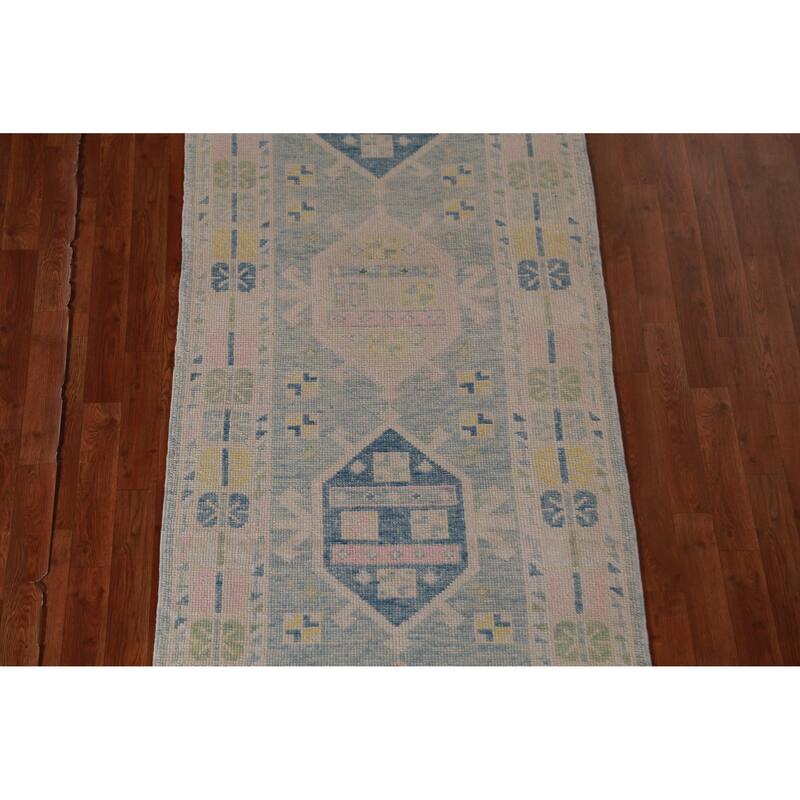 Hand Knotted Oriental 100% Wool Carpet Transitional Geometric Navy Blue & Blues Oushak Runner Rug - 17' 8'' X 3' 3''
