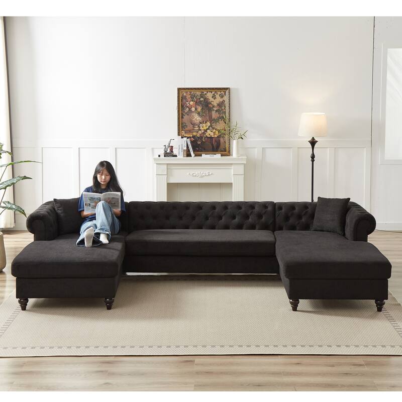 Chenille U-Shaped 5-Seater Sofa with Pull Point Design and Wooden Legs