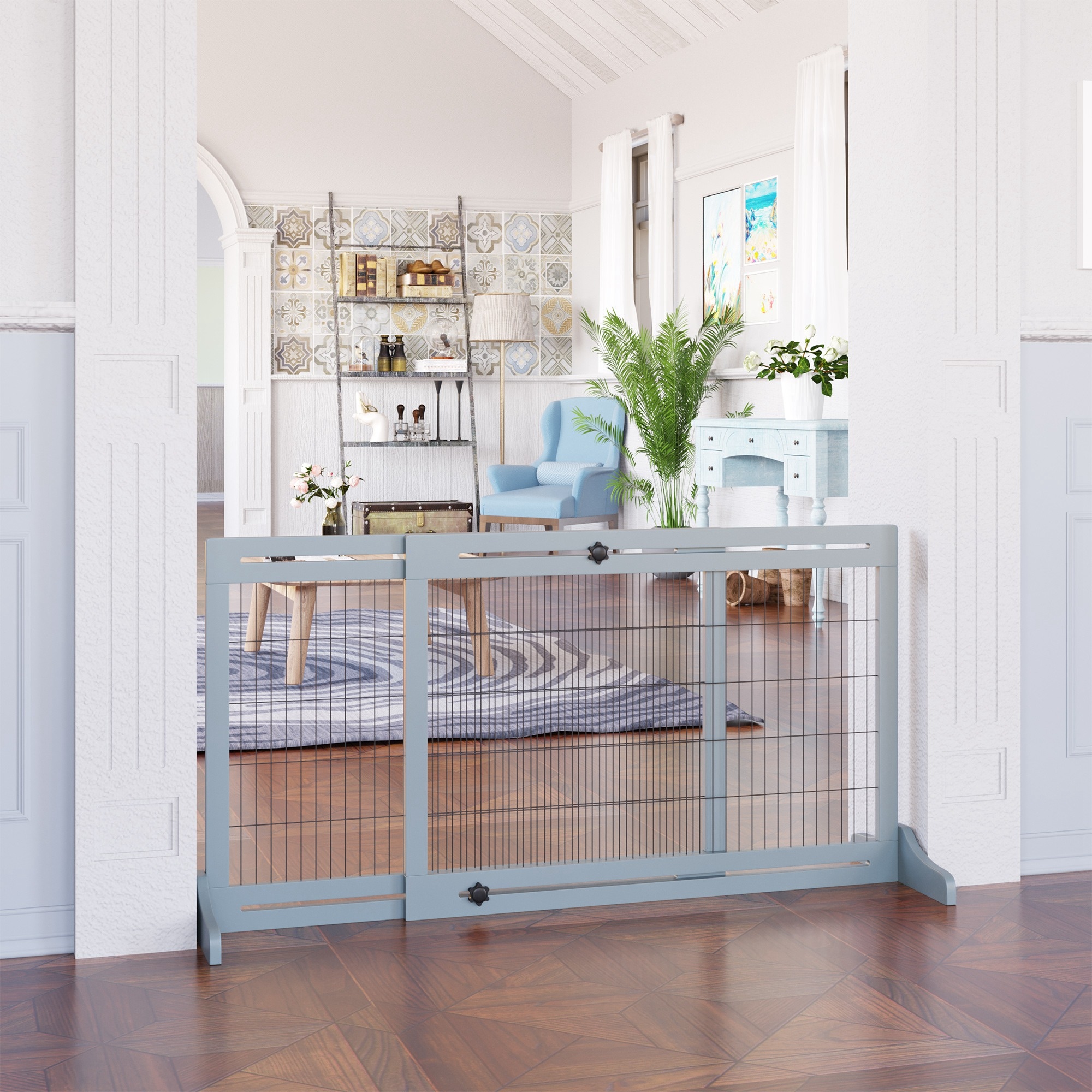 PawHut 72 Extra Wide Freestanding Pet Gate with Adjustable Length Dog and Baby Small Gate for House Doorway Hallway Grey