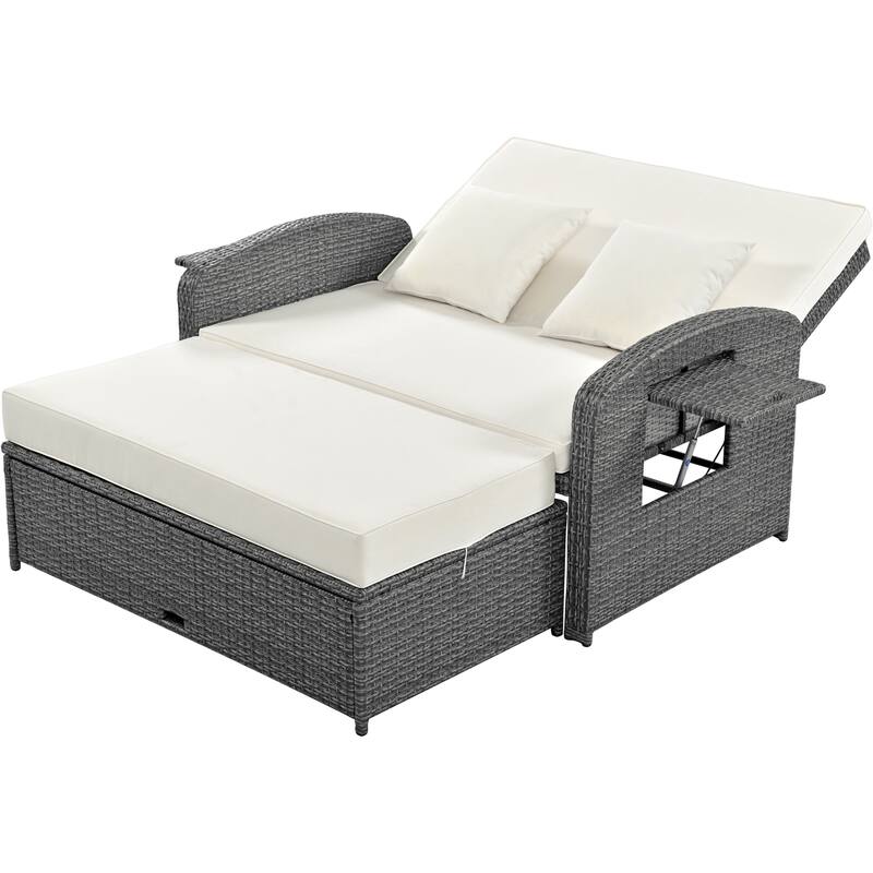 Roomfitters PE Wicker Rattan Double Chaise Lounge Daybed with Adjustable Back and Cushions