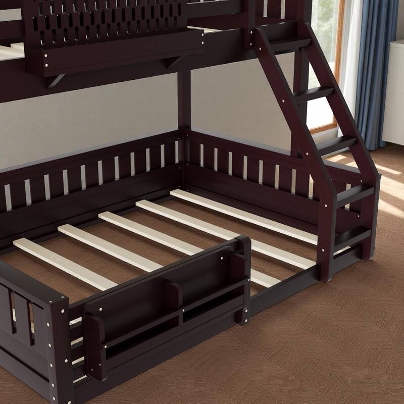 Twin XL over Queen Bunk Bed with Ladder, Guardrails, Pegboard Storage and Built-in Bookshelf, Solid Wood Frame