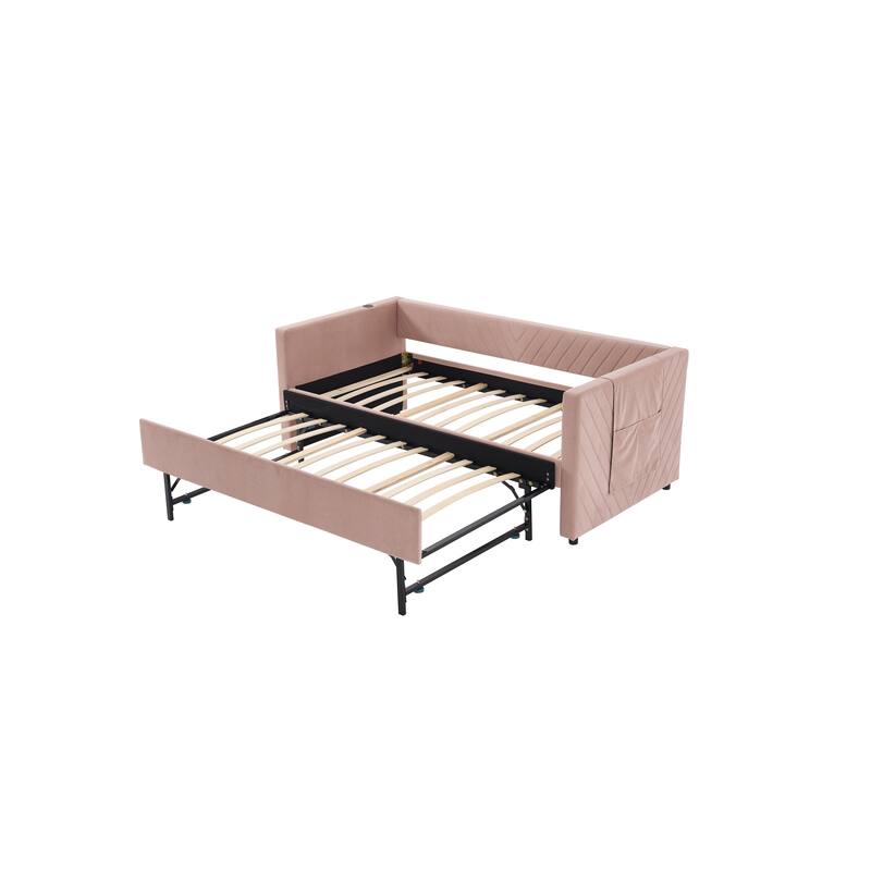 Twin Size Velvet Daybed with Trundle, USB Charging Port & Side Pockets, Modern Upholstered Sofa Bed with V-Pattern Backrest