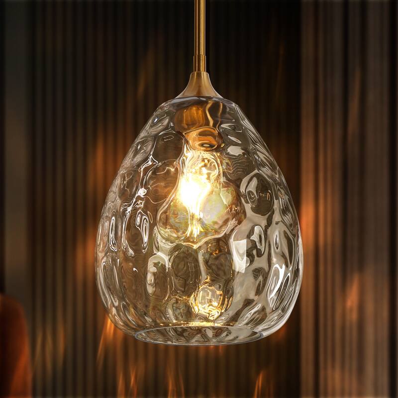 Modern 1-Light Teardrop Gold Pendant Light for Kitchen Island with Textured Glass Shade