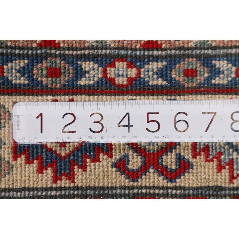 Red Geometric Kazak Accent Rug Hand-Knotted Wool Carpet - 3'4" x 4'11"