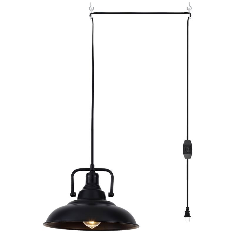 1-Light Traditional Hanging Kitchen Pendant Light Island Chandelier Lighting for Dining Room with Metal Cover & Plug - Black