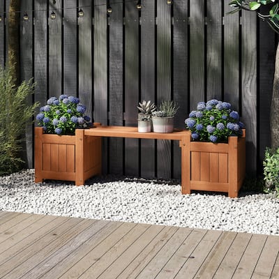 Costway Wood Planter Box with Bench Open-Ended Base & Teak Oil Finish - See Details