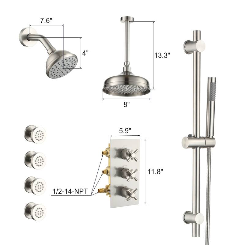 8-In Ceiling Mounted Shower System with Sliding Bar and 4 Body Sprays