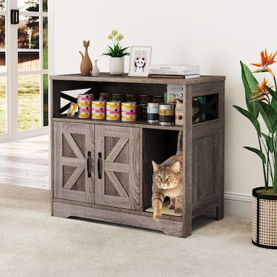 Grey Engineered Wood Cat Litter Box Enclosure with Sisal Scratch Pad and Storage - 31" L x 17" W x 28" H