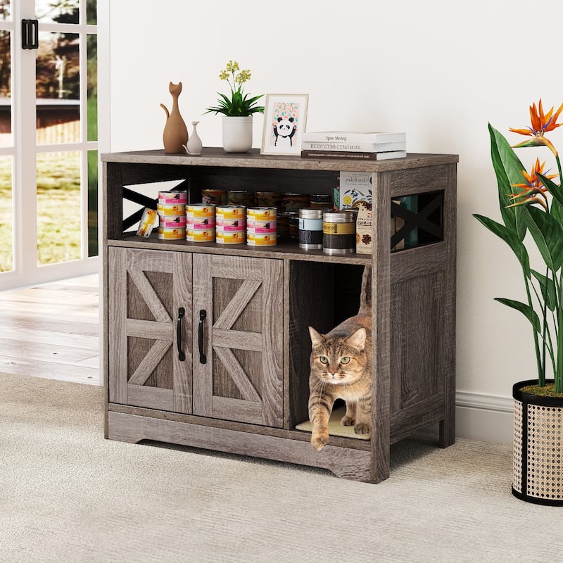 Gymax Cat Litter Box Enclosure w/ Storage Double Doors Sisal