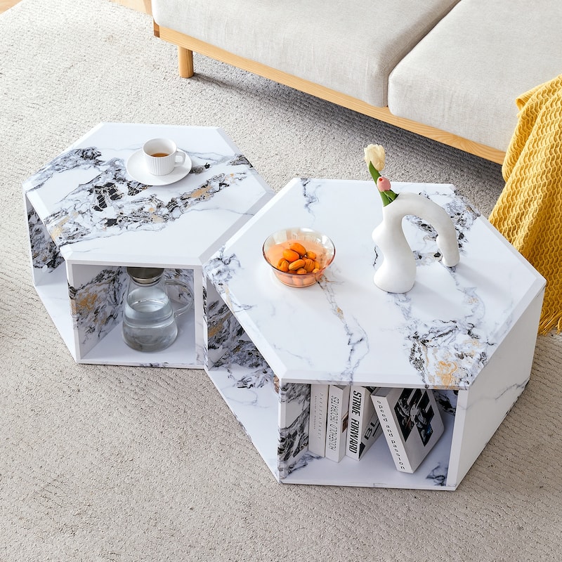 Roomfitters Set of 2 Hexagonal MDF Coffee Tables with Black Pattern Finish, Modern Storage Design for Living Room - White