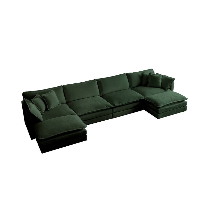 Green Chenille Modular U-Shape Sectional Sofa with Reversible Ottomans