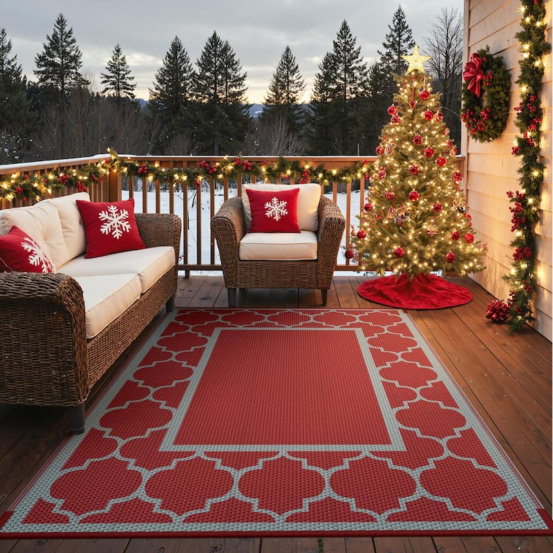 Reversible Dark Geometric Flat-Weave All-Season Outdoor Rug - 6'X9'