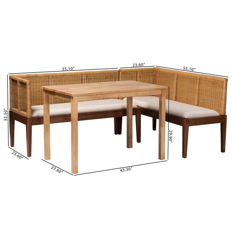 Tabanan Modern Bohemian Natural Brown Rattan and Brown Acacia Wood 3-Piece Dining Nook set