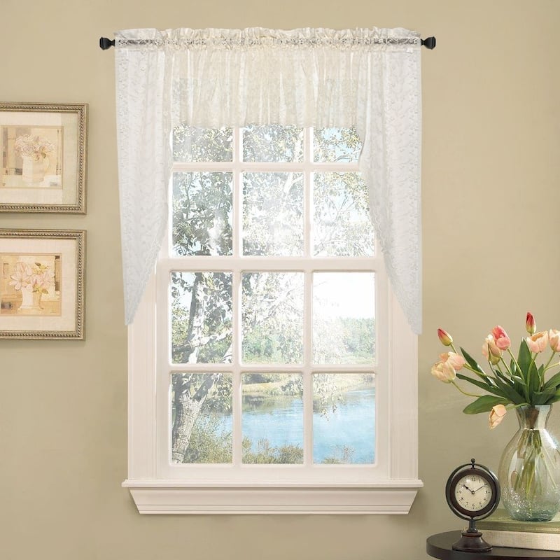 Elegant Ivory Priscilla Lace Kitchen Curtain Pieces- Tier, Swag and Valance Options - Swag Pair