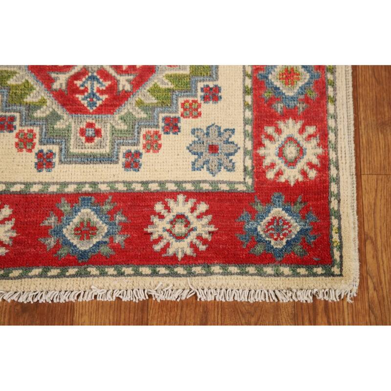 Ivory & Red Geometric Kazak Oriental Foyer Rug Handmade Wool Carpet - 2'0"x 3'0"