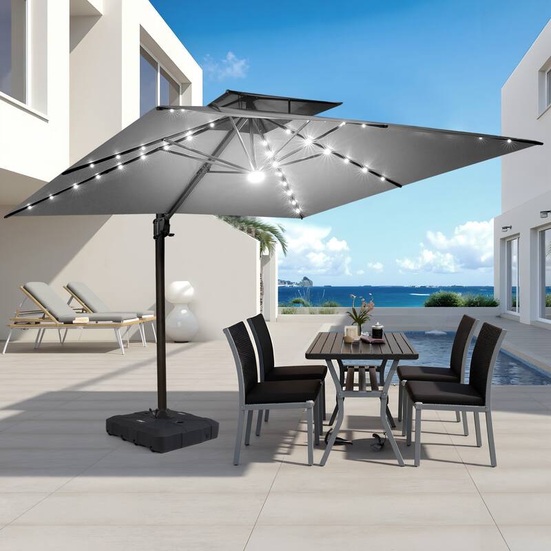 VredHom 9 x 11ft Outdoor Rectangular Dual Top Cantilever Patio Umbrella LED Light with HDPE Base - DarkGrey