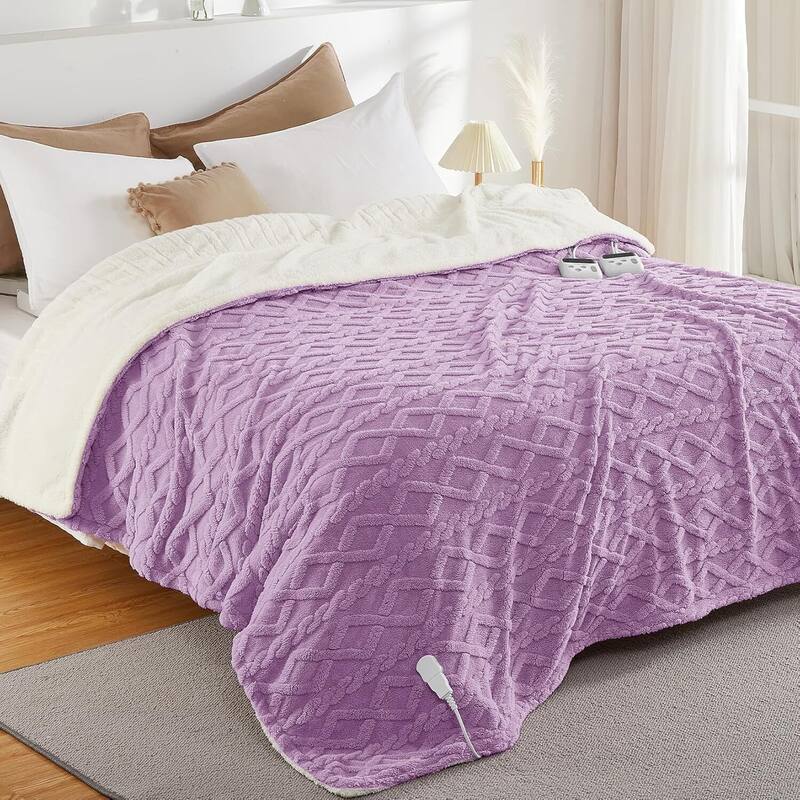 Tufted Sherpa Electric Blanket with 6 Heating Levels for Living Room, Bedroom, Purple - 84*90Inch
