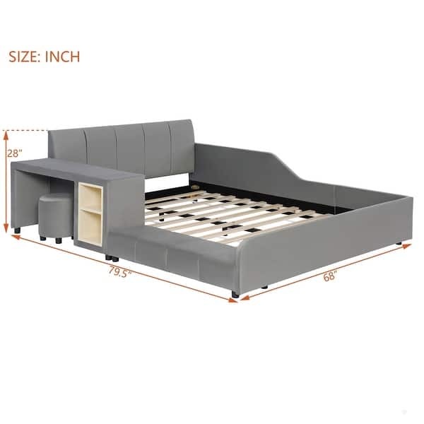 Upholstered Grounded Bed Mother & Child Bed with Bedside Desk and Little Round Stool