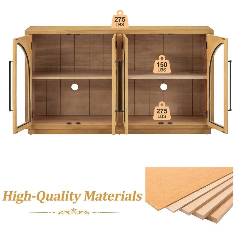 Retro Style Wood Buffet Sideboard with 4 Arched Glass Doors, Kitchen Storage Side Cabinet with Adjustable Shelves