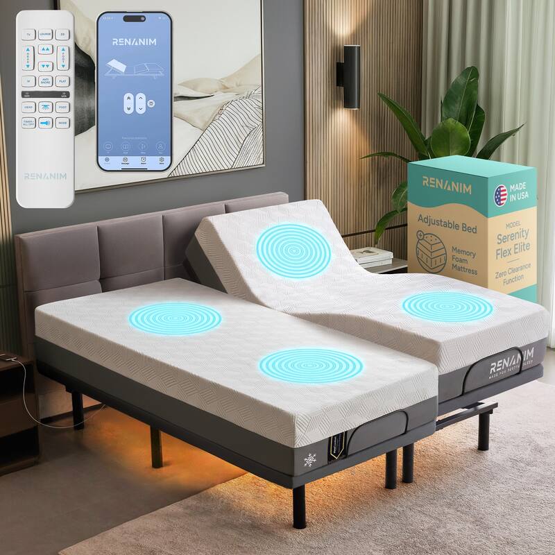 Renanim Adjustable Bed Frame with 14" Mattress, Dual Massage, Zero Gravity, 5 Minutes Installation, USB Ports, App control - Split King - Plush