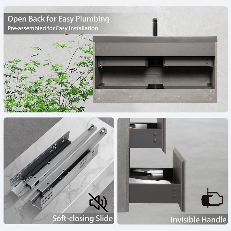 24"/30"/36"/42" Floating Bathroom Vanity with Black Quartz Sand Sink, Grey Wall-Mounted Cabinet, Soft Close Drawers