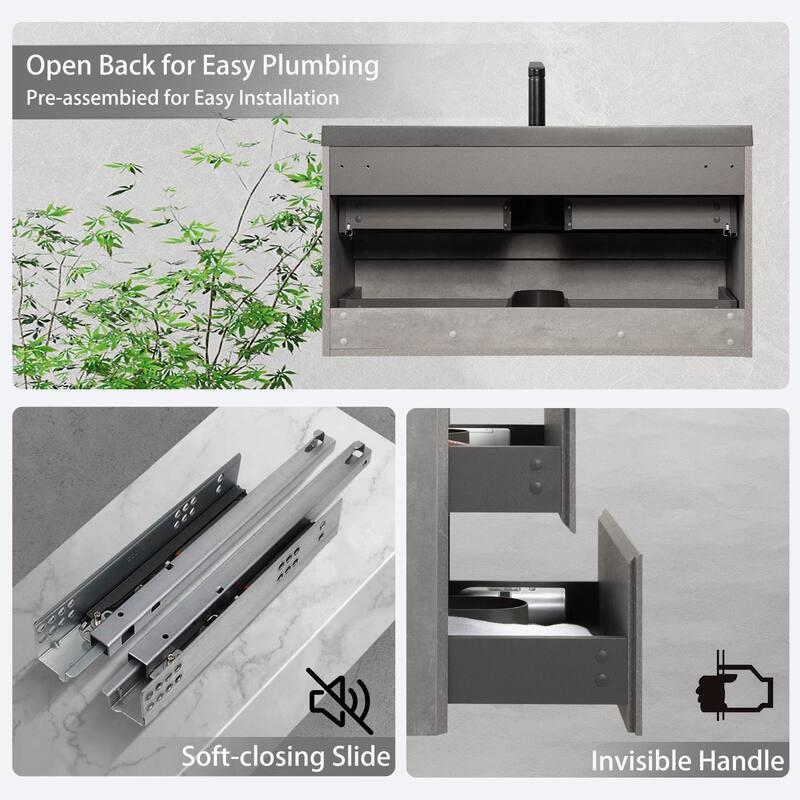 GDFStudio - Carter Floating Bathroom Vanity with Quartz Sand Countertop & Soft-Close Drawers