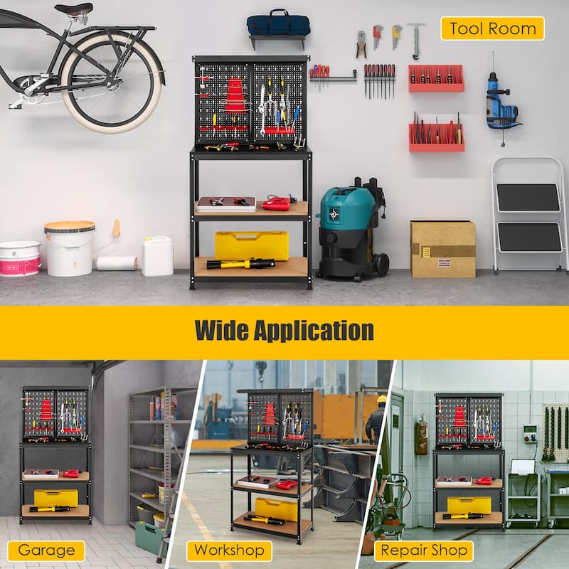 Black Steel MDF Workbench with Pegboard, Shelves and Hanging Accessories - 31.5" L x 16" W x 61" H