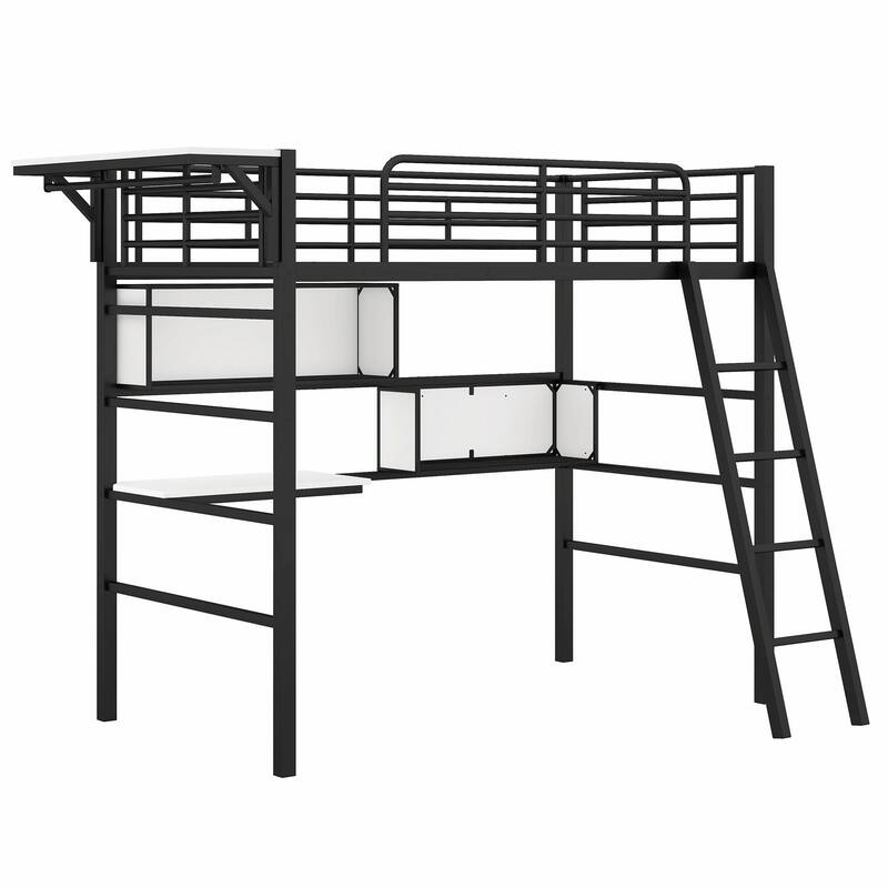 Twin Size Metal Loft Bed with Shelves, Desk, and Hanging Clothes Rack