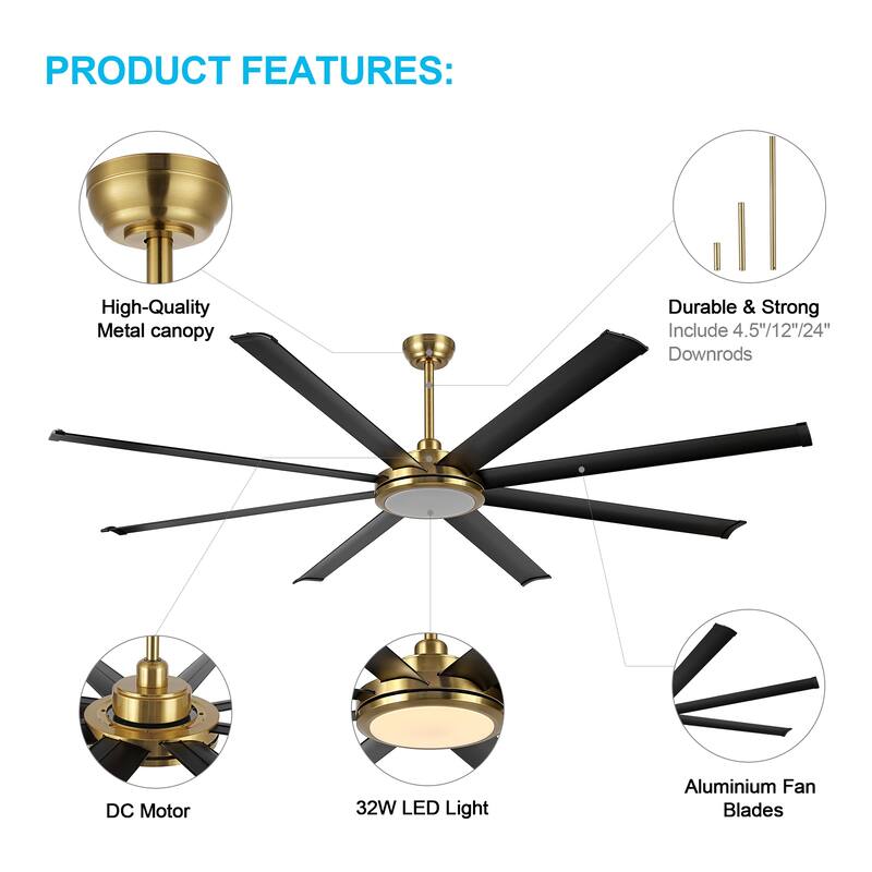 WINGBO 64" and 72" and 80" and 96" Indoor Ceiling Fan with LED Light and Remote