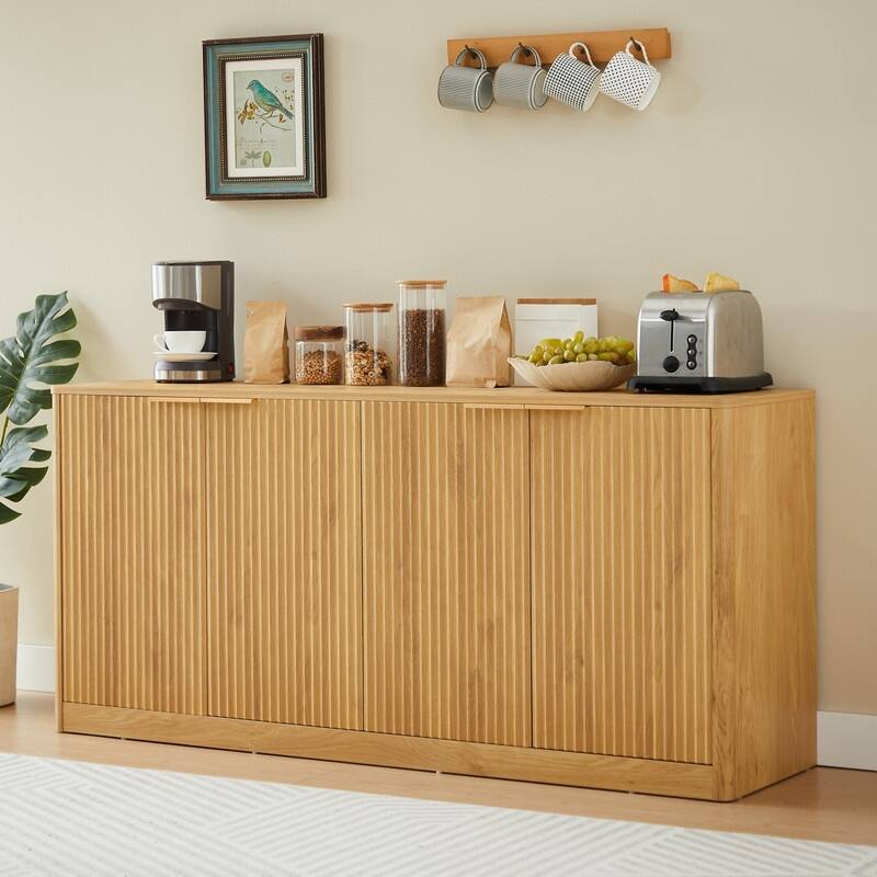 Modern 59" Fluted Buffet Sideboard Cabinet with Shelves, TV Stand Storage Cabinet with 4 Wave Doors for Organized Living Spaces - Natural
