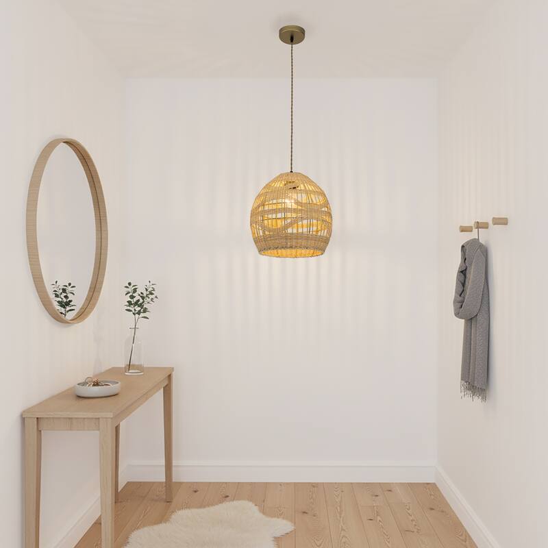 Nala1-Light Rattan Dome Pendant, Coastal Boho - Handwoven - 12" Wide