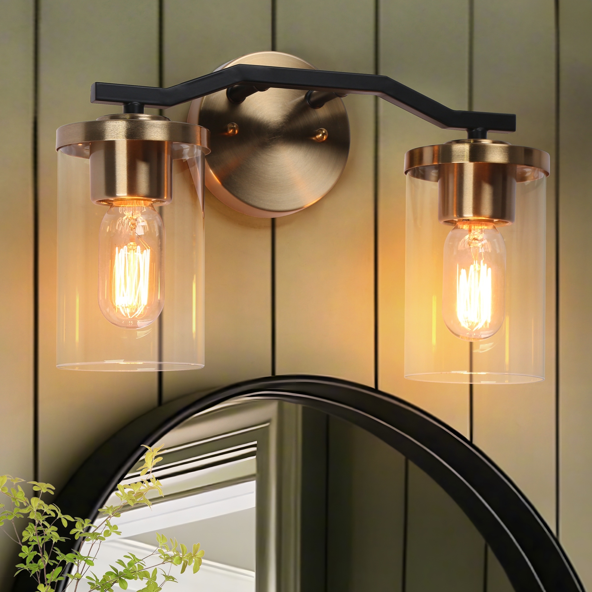 Modern Farmhouse 2-Light Black Gold Bathroom Vanity Light Dimmable Wall Sconces with Cylinder Glass - 14'' L x 5.5'' W x 9.5'' H