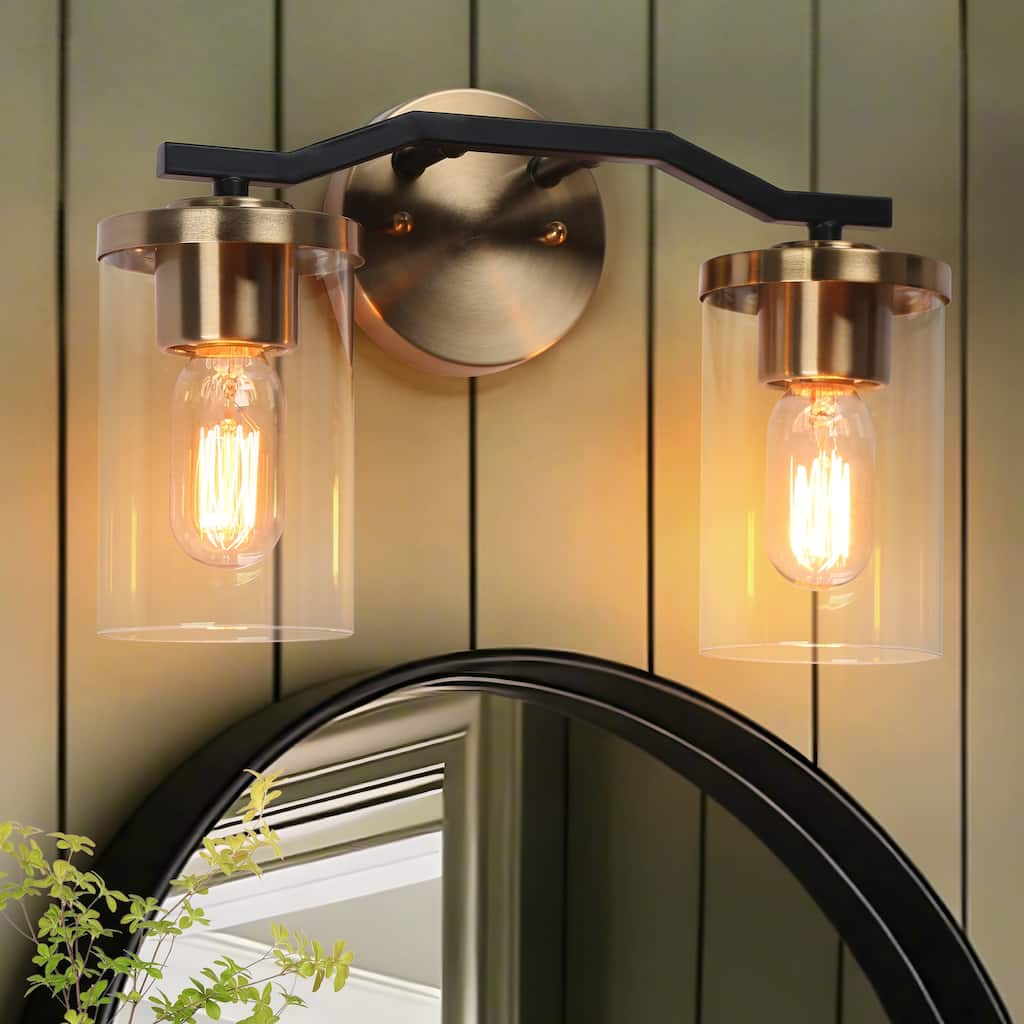 Modern Farmhouse 2-Light Black Gold Bathroom Vanity Light Dimmable Wall Sconces with Cylinder Glass - 14'' L x 5.5'' W x 9.5'' H