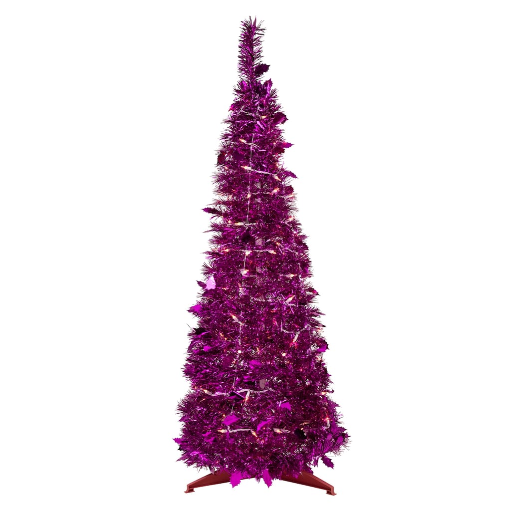 6' Pre-Lit Pink Tinsel Pop-Up Artificial Christmas Tree, Clear Lights - 6 Foot