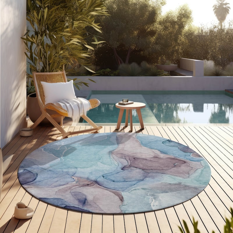 Machine Washable Indoor/ Outdoor Chantille Watercolor Navy Rug - Navy - 8' x 8'