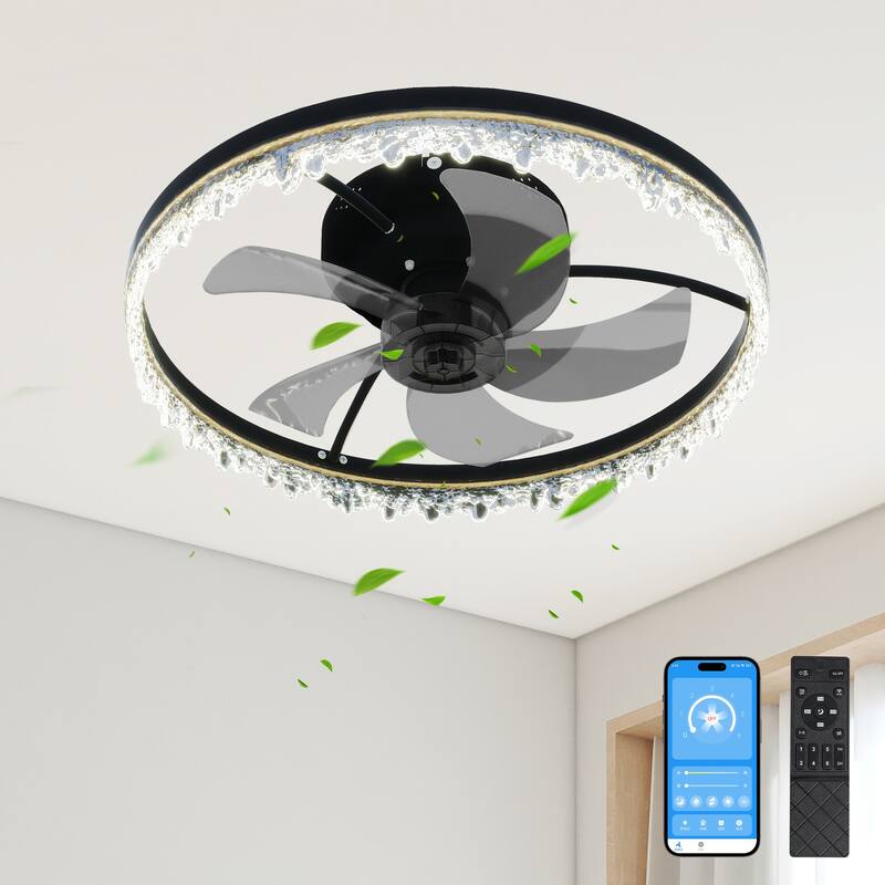 24"/20"/16" Crystal Ceiling Fan with Light, Flush Mount LED Chandelier Fan Round Ceiling Light for Bedroom Living Room