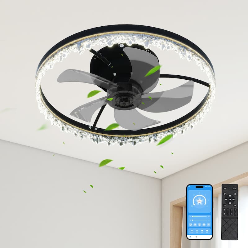 Smart Flush Mount Ceiling Fan with Light - 20-inch Integrated LED Chandelier with 5 Invisible Blades, Remote Control & Timer - Black