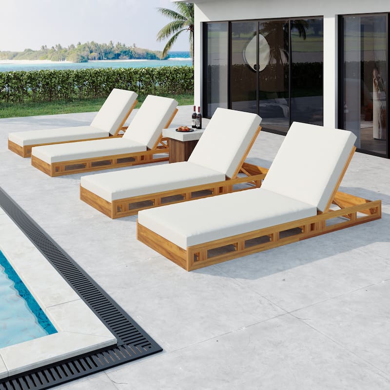 Christopher Knight Home - Evelyn Acacia Wood Patio Chaise Lounge Set - Teak+Cream+4 Piece