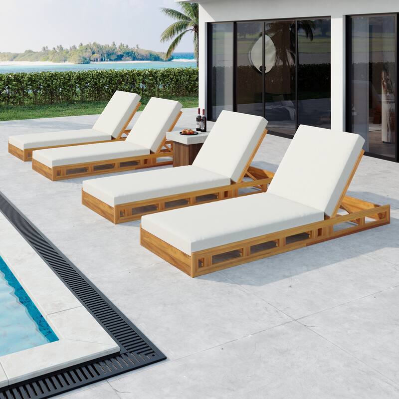 Roomfitters Outdoor Acacia Wood Chaise Lounge with 4 Inch Thick Water-Resistant Cushions Teak Finish