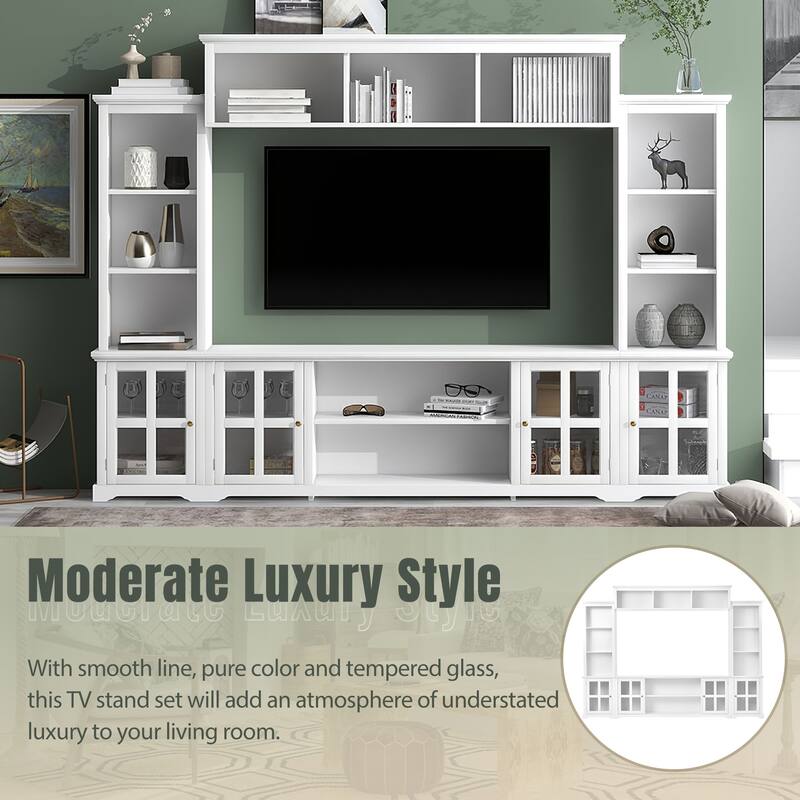 Roomfitters Minimalist Entertainment Wall Unit with Bridge, Modern TV Stand with Tempered Glass Door and Storage