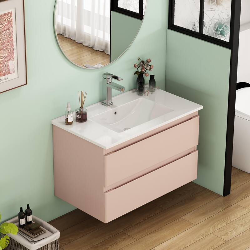 32 Inch Floating Bathroom Vanity with One-piece Ceramic Sink, Wall Mounted Cabinet with 2 Drawers
