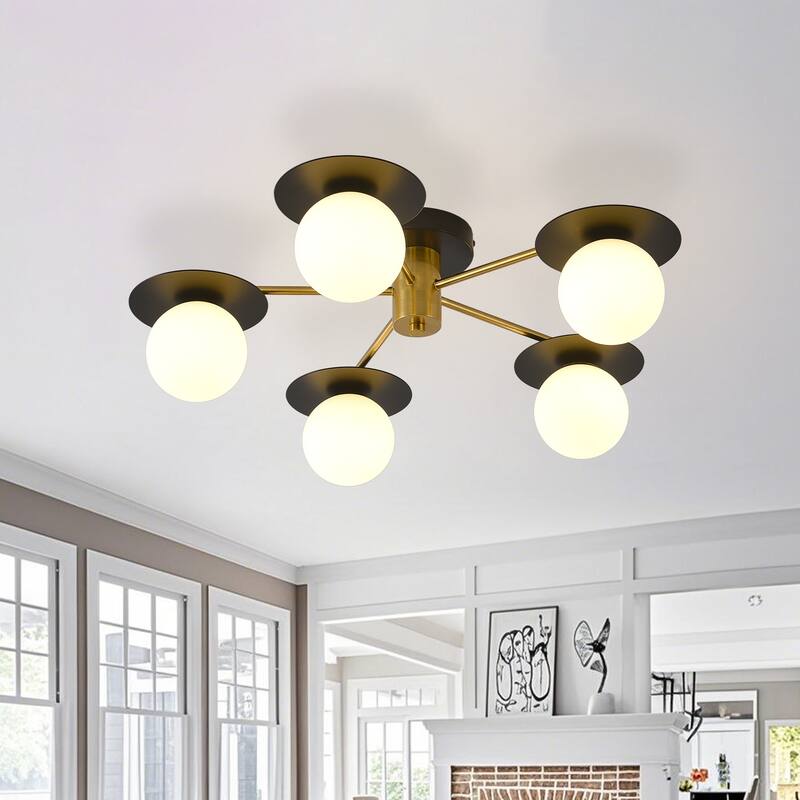 Sputnik Matte Black and Gold 5-Light Semi Flush Mount Light - Matte Black + Gold - Matte Black + Gold